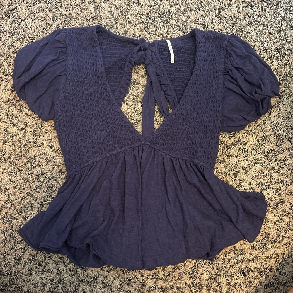 Free People Deep Blue Puff Sleeve Blouse